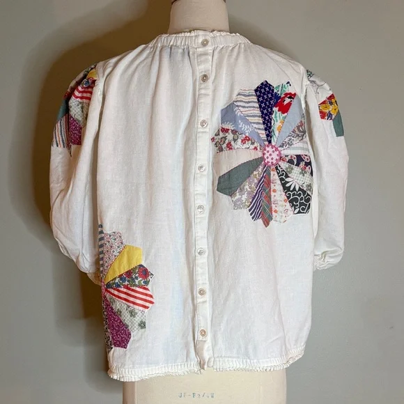 SEA NY Cotton Puff Sleeve Quilted Patchwork Blouse - Picture 2 of 7